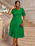 AOMEIDRESS A Line Dress Navy Asymmetrical Neck Short Sleeve Pleated Green / S