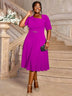 AOMEIDRESS A Line Dress Navy Asymmetrical Neck Short Sleeve Pleated Rose / S