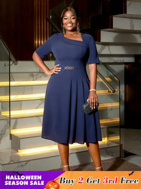 AOMEIDRESS A Line Dress Navy Asymmetrical Neck Short Sleeve Pleated Navy / S