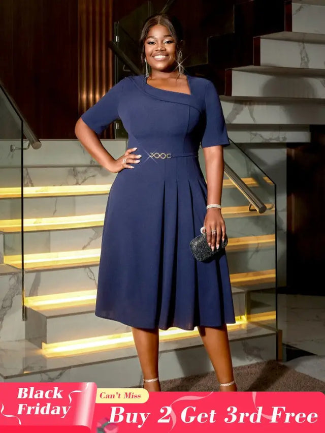 AOMEIDRESS A Line Dress Navy Asymmetrical Neck Short Sleeve Pleated Navy / S