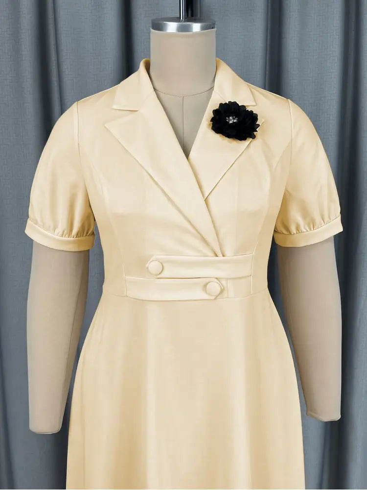 AOMEIDRESS A Line Dress Notched Lapel Short Puff Sleeves 3D Flowers