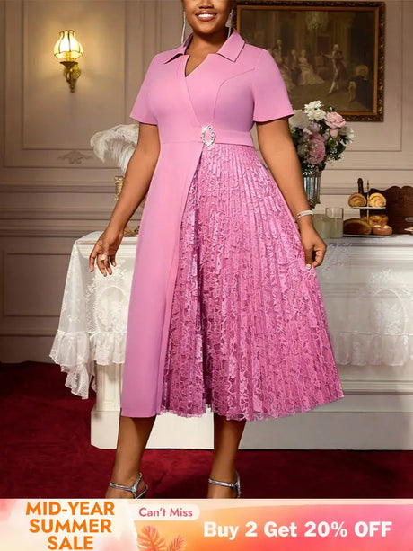 AOMEIDRESS A Line Dress Patchwork Lace Pleated Turn Down Collar Party