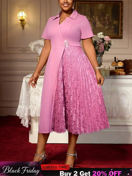 AOMEIDRESS A Line Dress Patchwork Lace Pleated Turn Down Collar Party