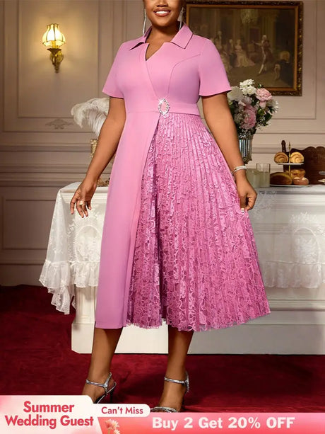 AOMEIDRESS A Line Dress Patchwork Lace Pleated Turn Down Collar Party