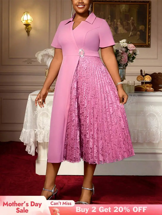 AOMEIDRESS A Line Dress Patchwork Lace Pleated Turn Down Collar Party