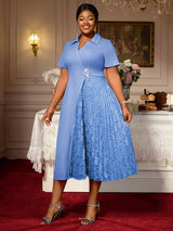 AOMEIDRESS A Line Dress Patchwork Lace Pleated Turn Down Collar Party - Light Blue / L