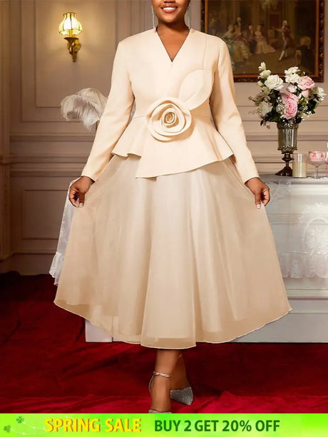 AOMEIDRESS A Line Dress Peplum 3D Flower Patchwork Mesh Party Outfit - Apricot / L