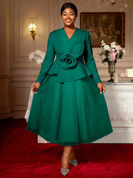 AOMEIDRESS A Line Dress Peplum 3D Flower Patchwork Mesh Party Outfit - Green / L