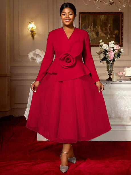 AOMEIDRESS A Line Dress Peplum 3D Flower Patchwork Mesh Party Outfit - Red / L