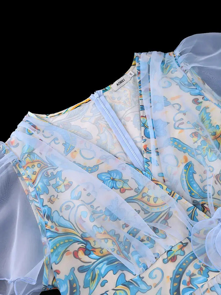 AOMEIDRESS A Line Dress Print Mesh V Neck Butterfly Sleeve 3D Flower