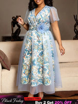 AOMEIDRESS A Line Dress Print Mesh V Neck Butterfly Sleeve 3D Flower - Blue / L