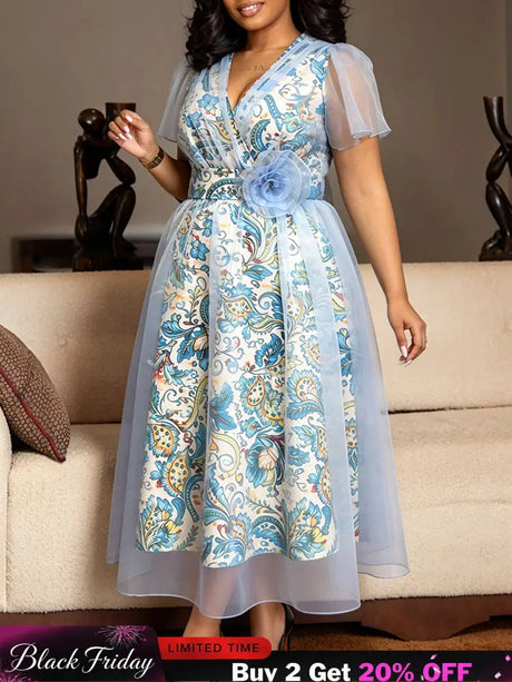 AOMEIDRESS A Line Dress Print Mesh V Neck Butterfly Sleeve 3D Flower - Blue / L