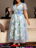 AOMEIDRESS A Line Dress Print Mesh V Neck Butterfly Sleeve 3D Flower - Blue / L