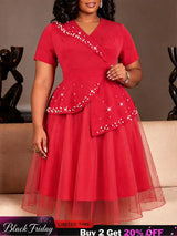 AOMEIDRESS A Line Dress V Neck Short Sleeves Beading Peplum Mesh Hem - Red / L