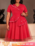 AOMEIDRESS A Line Dress V Neck Short Sleeves Beading Peplum Mesh Hem - Red / L