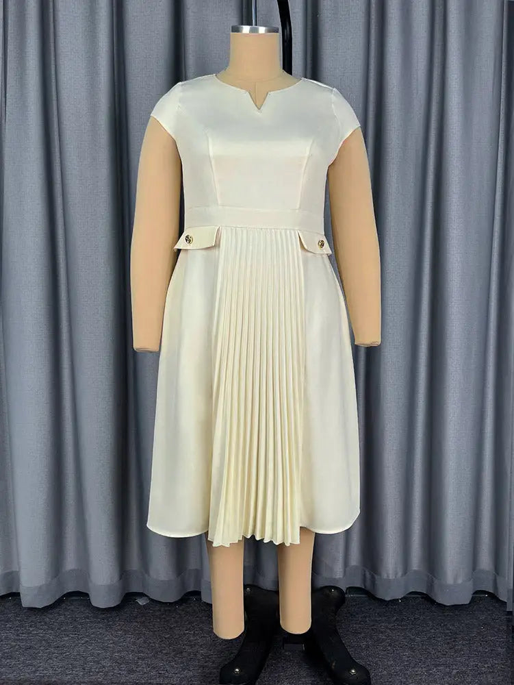 AOMEIDRESS A Line Dress V Neck Short Sleeves Fitted Waist Pleated Hem