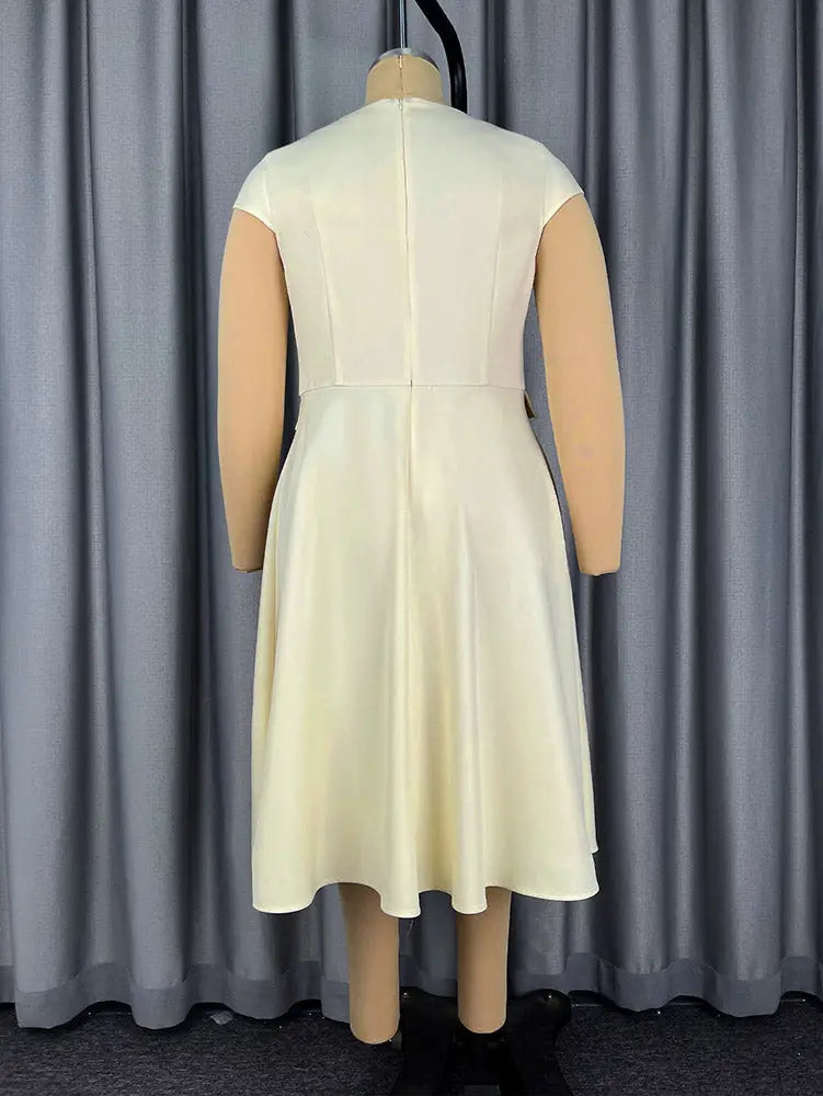 AOMEIDRESS A Line Dress V Neck Short Sleeves Fitted Waist Pleated Hem