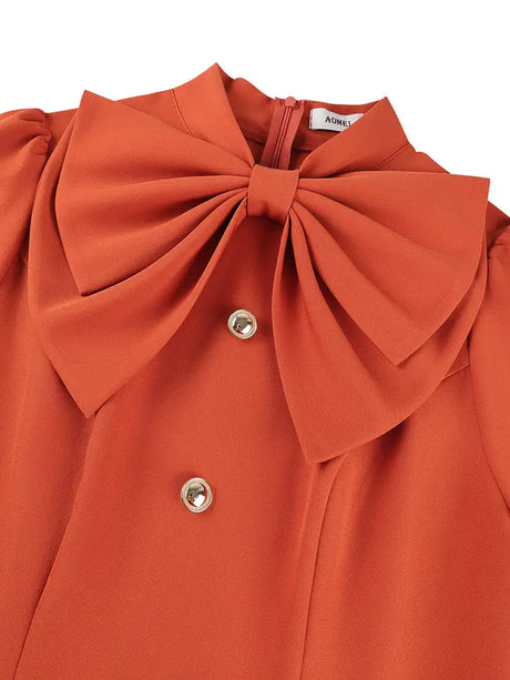 AOMEIDRESS A Line Dresses Big Bow Collar Short Sleeve Button Church