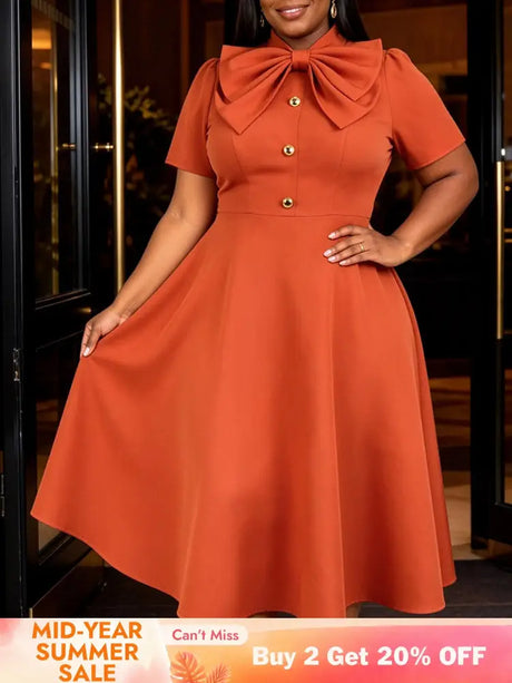 AOMEIDRESS A Line Dresses Big Bow Collar Short Sleeve Button Church - BrickRed / S