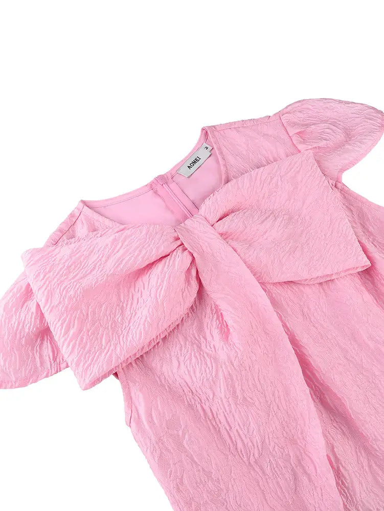 AOMEIDRESS A Line Jacquard Dress O Neck Short Sleeves Big Bow Party