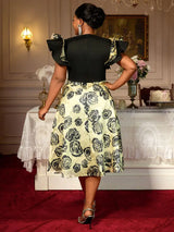 AOMEIDRESS A Line Jacquard Midi Wedding Guests Dresses Pleated Ruffles