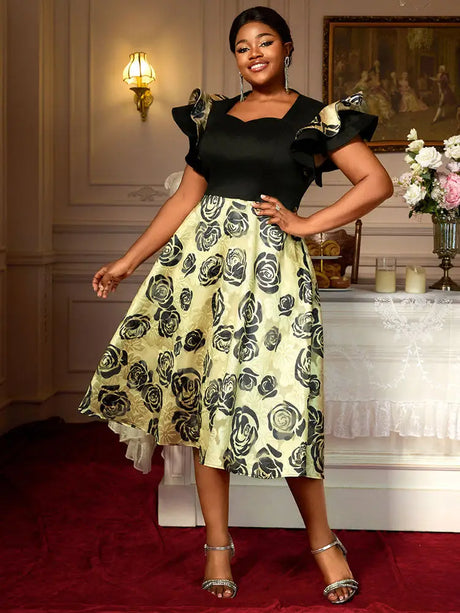 AOMEIDRESS A Line Jacquard Midi Wedding Guests Dresses Pleated Ruffles