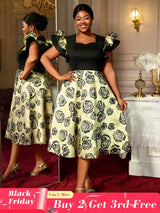 AOMEIDRESS A Line Jacquard Midi Wedding Guests Dresses Pleated Ruffles Black / S