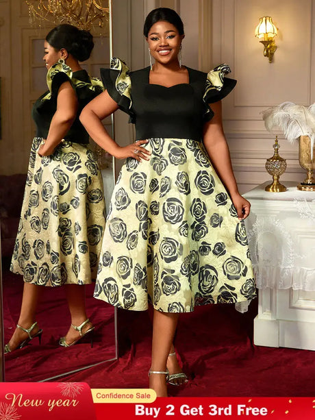 AOMEIDRESS A Line Jacquard Midi Wedding Guests Dresses Pleated Ruffles Black / S