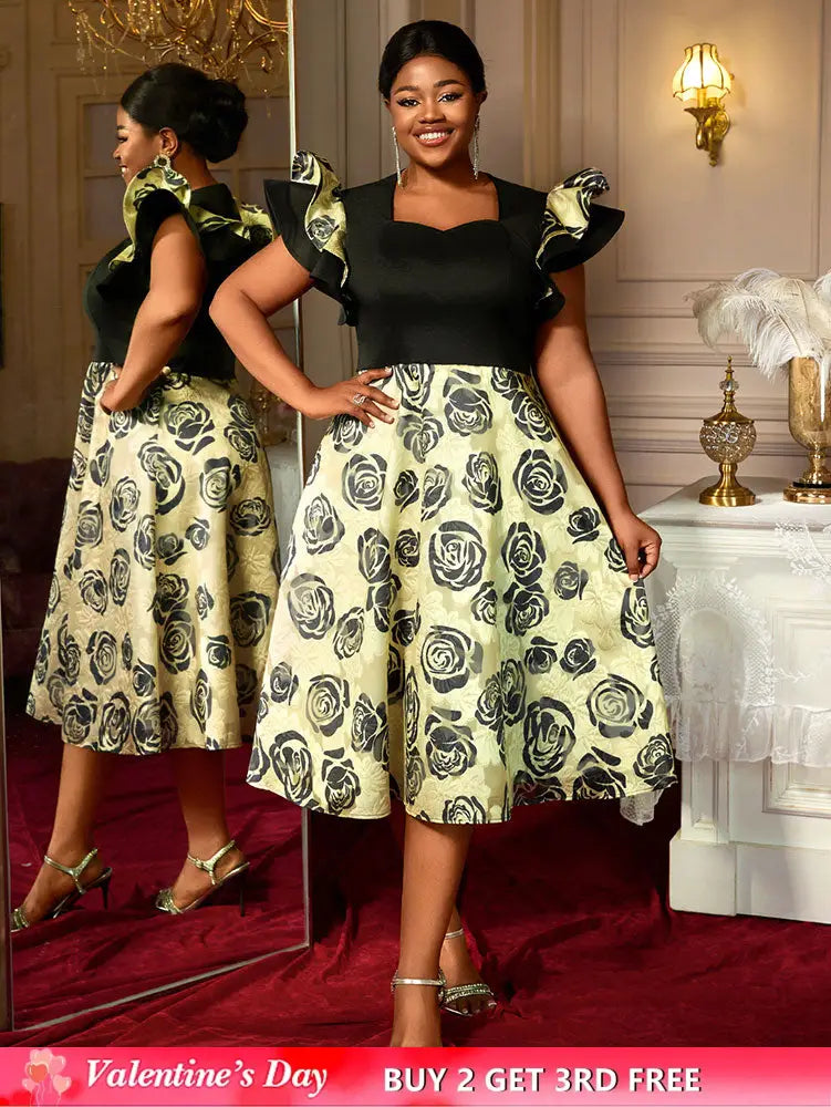 AOMEIDRESS A Line Jacquard Midi Wedding Guests Dresses Pleated Ruffles Black / S