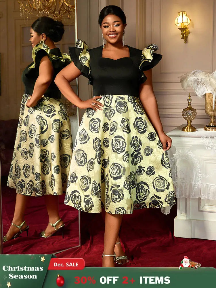 AOMEIDRESS A Line Jacquard Midi Wedding Guests Dresses Pleated Ruffles Black / S