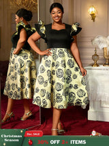 AOMEIDRESS A Line Jacquard Midi Wedding Guests Dresses Pleated Ruffles Black / S