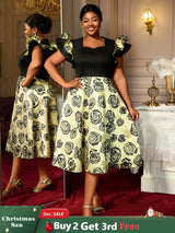 AOMEIDRESS A Line Jacquard Midi Wedding Guests Dresses Pleated Ruffles Black / S