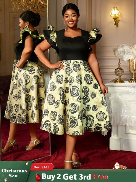 AOMEIDRESS A Line Jacquard Midi Wedding Guests Dresses Pleated Ruffles Black / S