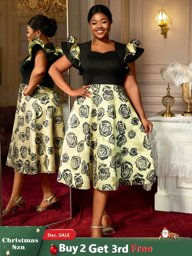 AOMEIDRESS A Line Jacquard Midi Wedding Guests Dresses Pleated Ruffles Black / S