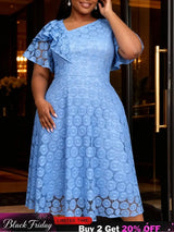 AOMEIDRESS A Line Lace Dress Irregular Neck Short Sleeves Hollow Out - LightBlue / L