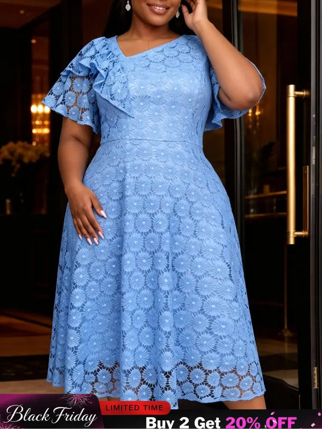 AOMEIDRESS A Line Lace Dress Irregular Neck Short Sleeves Hollow Out - LightBlue / L