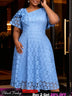 AOMEIDRESS A Line Lace Dress Irregular Neck Short Sleeves Hollow Out - LightBlue / L