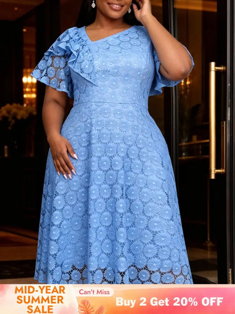 AOMEIDRESS A Line Lace Dress Irregular Neck Short Sleeves Hollow Out - LightBlue / L