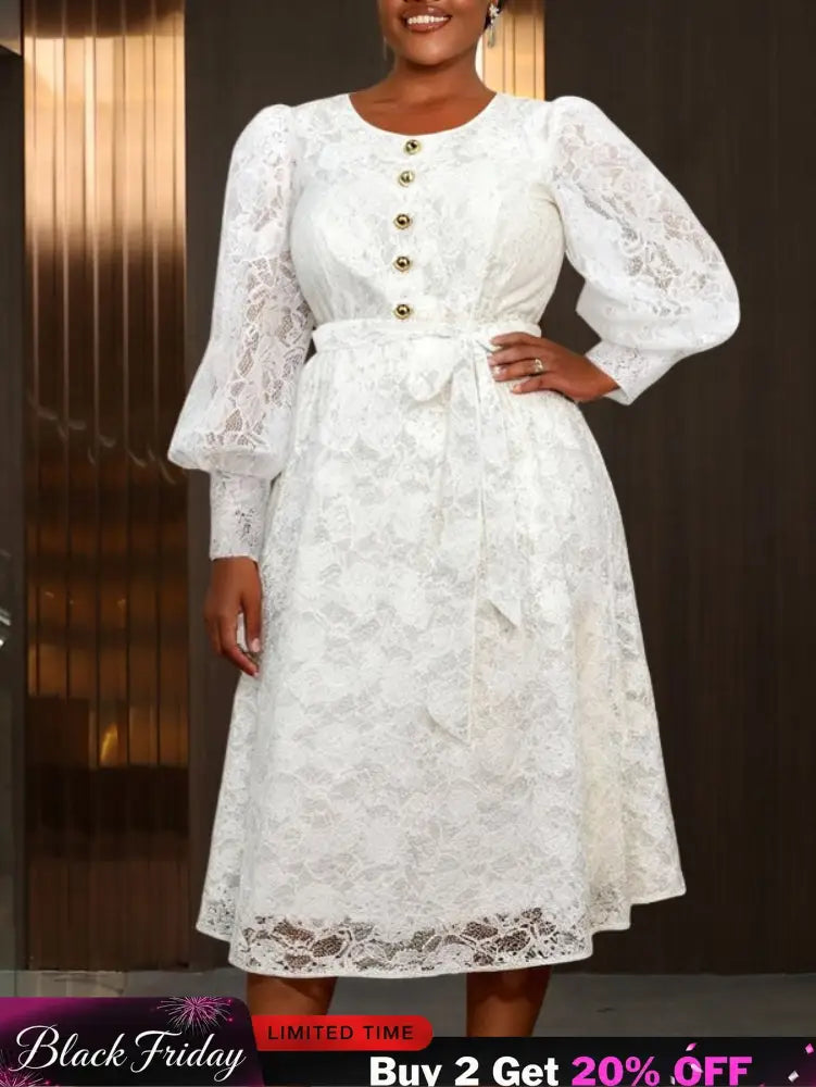 AOMEIDRESS White A Line Lace Dress O Neck Belt Church Party Gowns