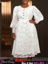 AOMEIDRESS White A Line Lace Dress O Neck Belt Church Party Gowns