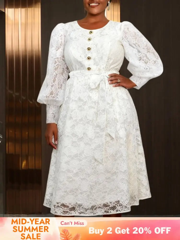 AOMEIDRESS White A Line Lace Dress O Neck Belt Church Party Gowns