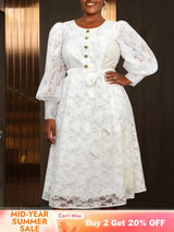 AOMEIDRESS White A Line Lace Dress O Neck Belt Church Party Gowns