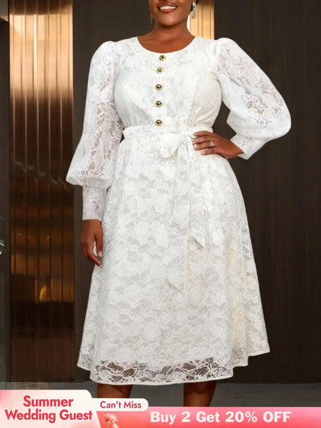 AOMEIDRESS White A Line Lace Dress O Neck Belt Church Party Gowns