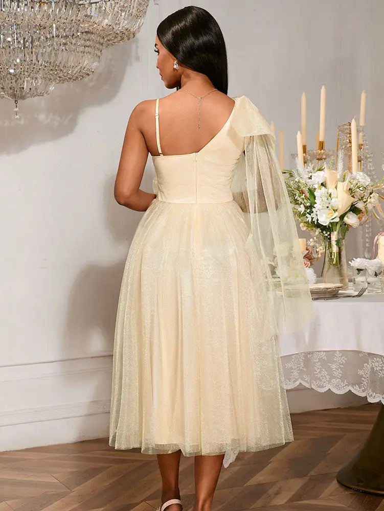 AOMEIDRESS A Line Mesh Dress One Shoulder Drape 3D Flower Bridesmaid