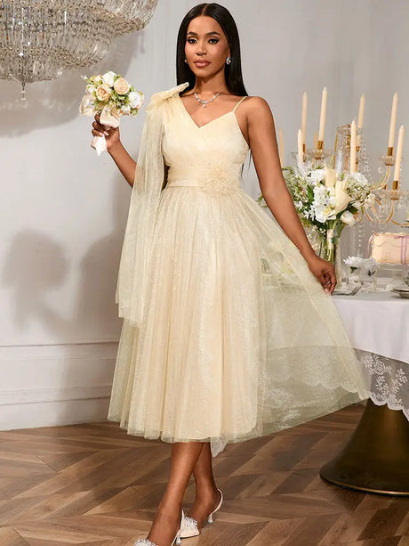 AOMEIDRESS A Line Mesh Dress One Shoulder Drape 3D Flower Bridesmaid