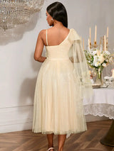 AOMEIDRESS A Line Mesh Dress One Shoulder Drape 3D Flower Bridesmaid