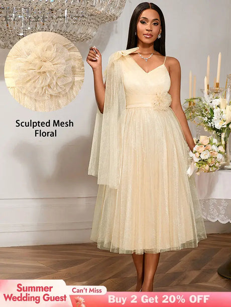 AOMEIDRESS A Line Mesh Dress One Shoulder Drape 3D Flower Bridesmaid Khaki / S