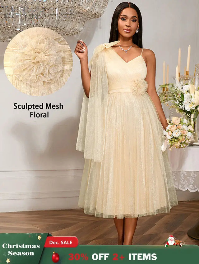 AOMEIDRESS A Line Mesh Dress One Shoulder Drape 3D Flower Bridesmaid Khaki / S