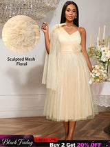 AOMEIDRESS A Line Mesh Dress One Shoulder Drape 3D Flower Bridesmaid Khaki / S