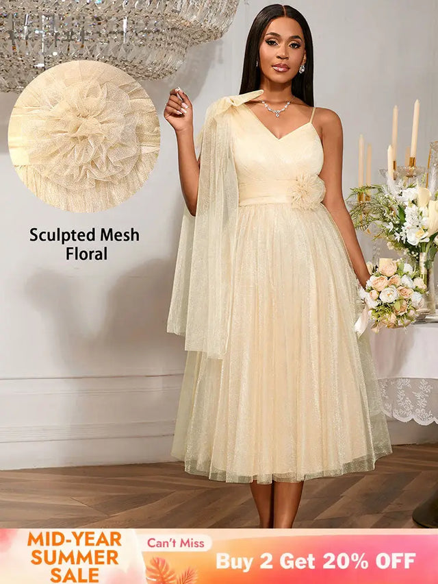 AOMEIDRESS A Line Mesh Dress One Shoulder Drape 3D Flower Bridesmaid Khaki / S